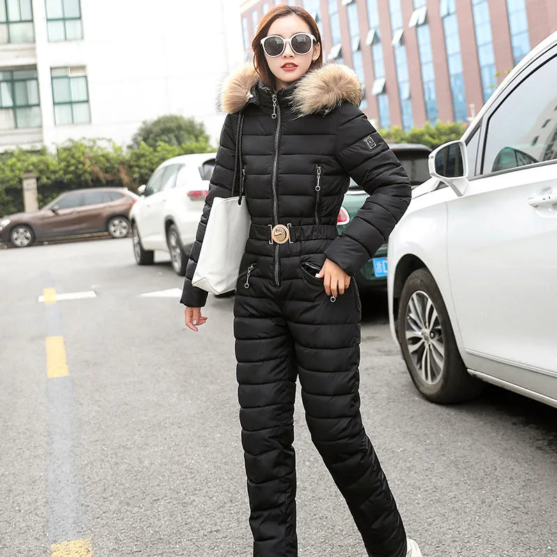 Women's Thick Warm Hooded Ski Suit Winter Parka Jumpsuit