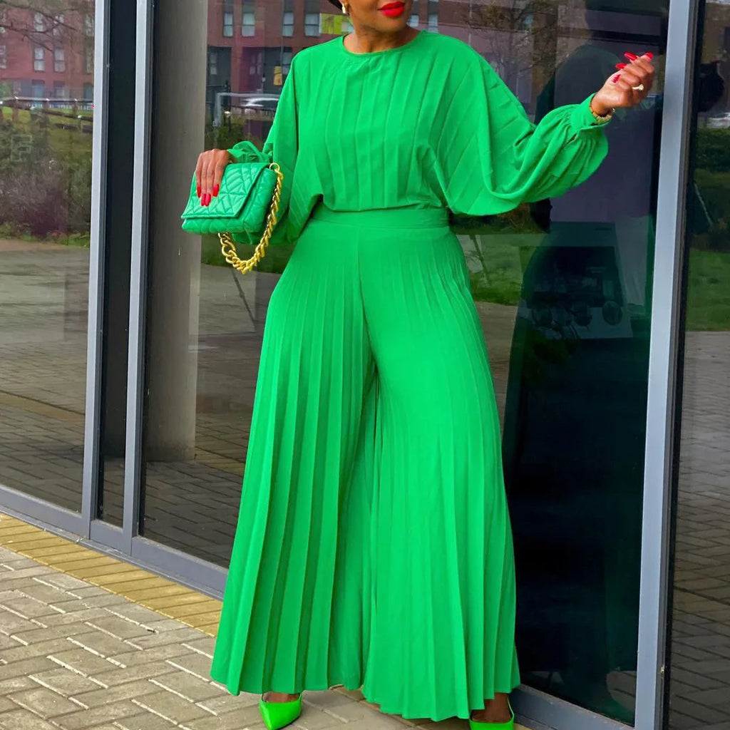 Women's Pleated Batwing Sleeve Wide Leg Pants Set