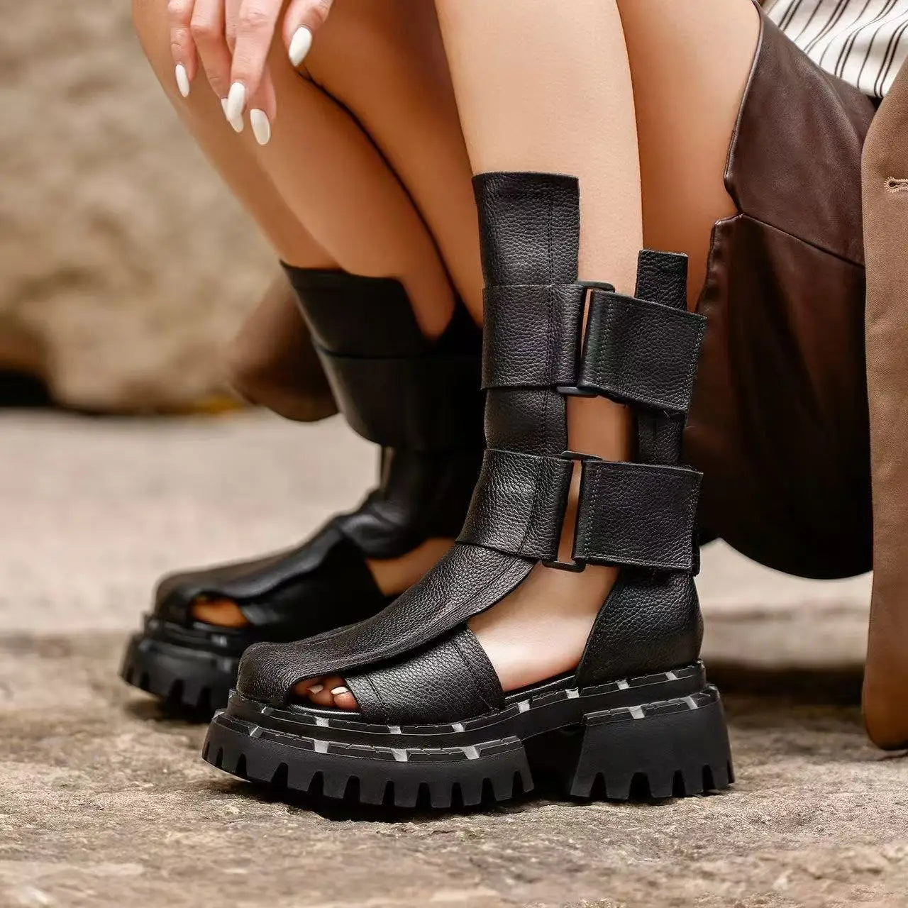 Women's Retro High-Top Platform Sandals Hook & Loop Casual Shoes