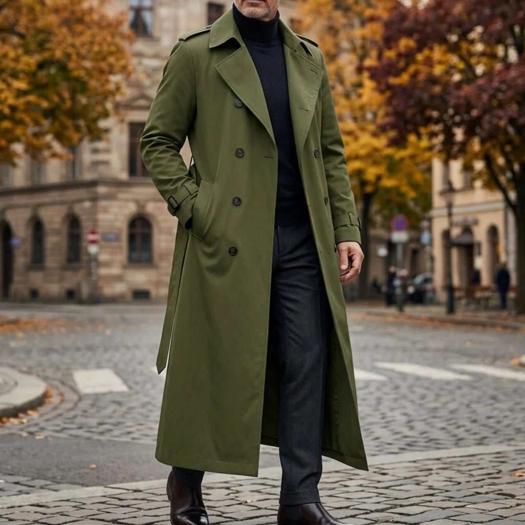 Men's Double-Breasted Long Trench Windbreaker Coat