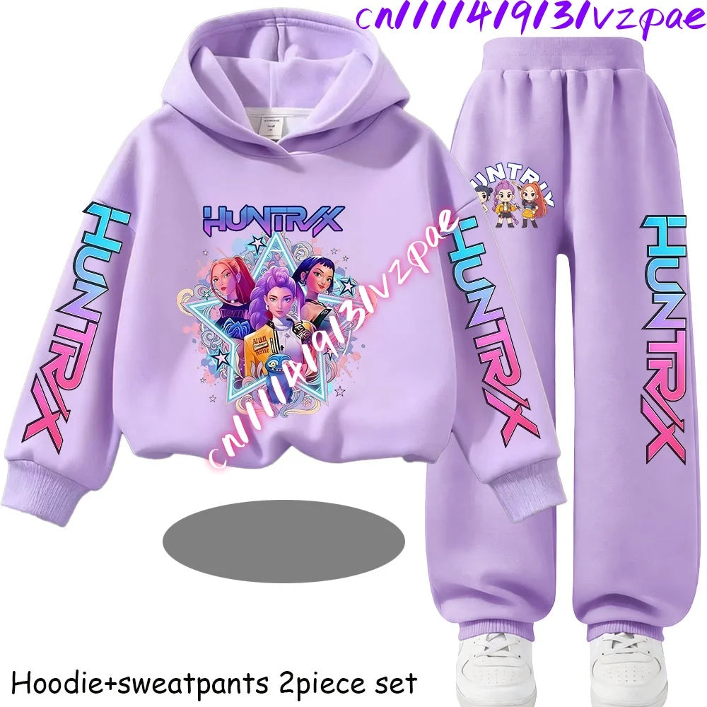 Girls' Print Hoodie Pants Two-Piece Set