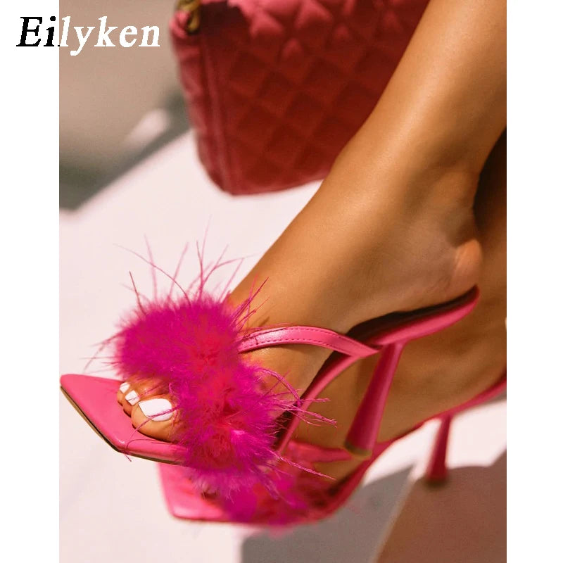 Women's Fluffy Furry Peep Toe Stiletto Mules