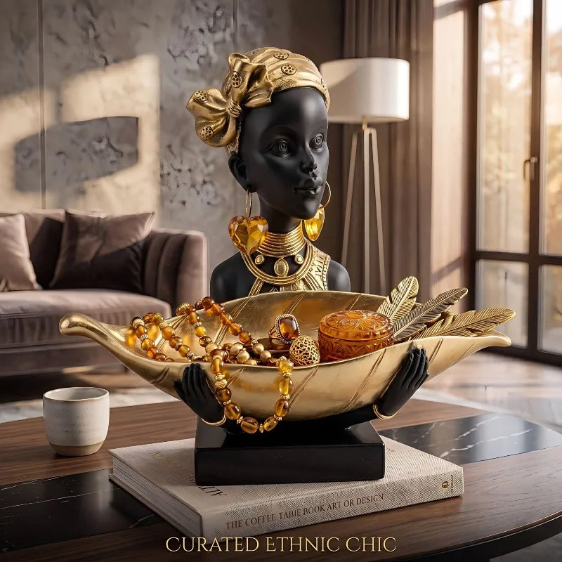 Resin African Tribal Statue and Tabletop Storage Tray