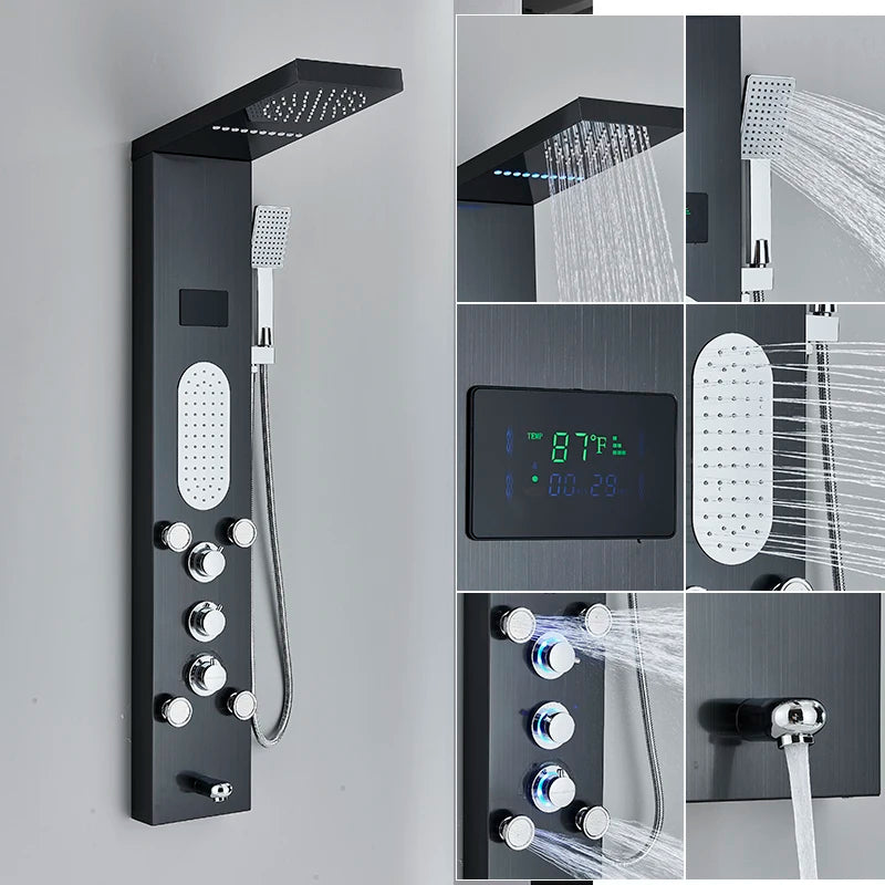 LED Rainfall Shower Panel Tower System with Massage Jets