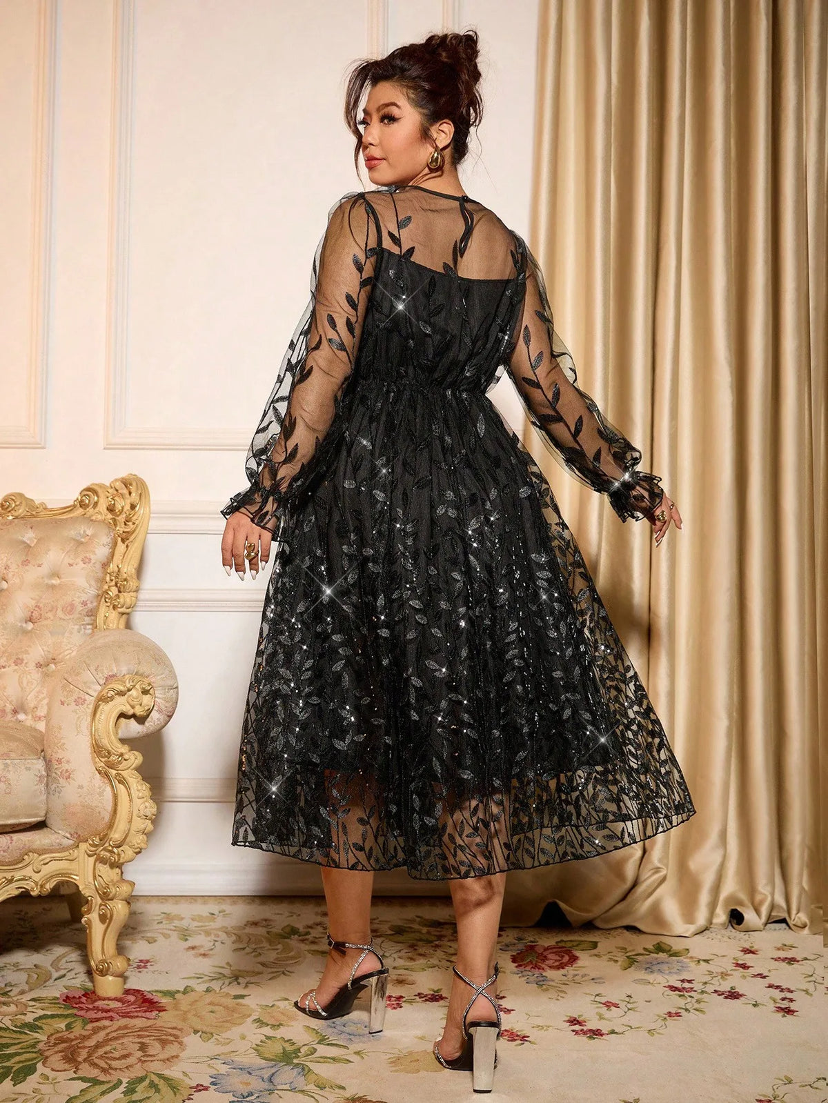Women's Sparkling Sheer Long Sleeve Gala Dinner Dress