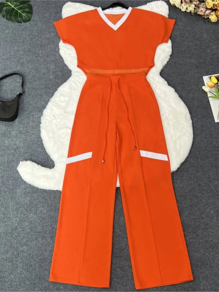 Women's Casual Short Sleeve Top and Straight Pants Set