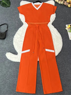 Women's Casual Short Sleeve Top and Straight Pants Set