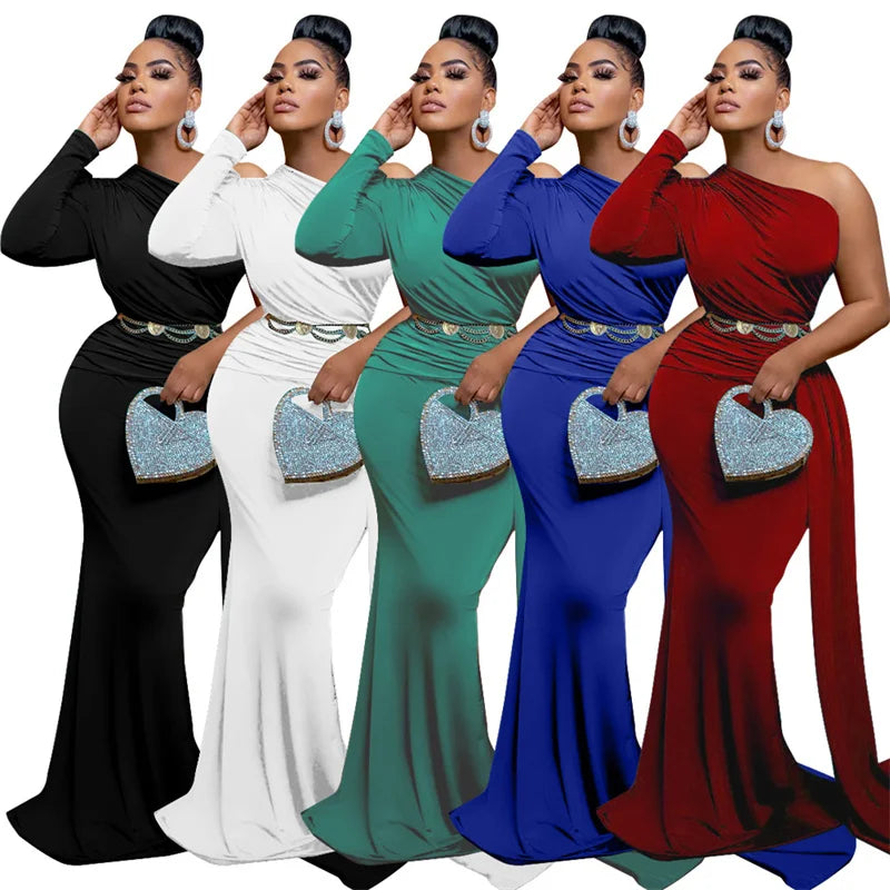 Women's One Shoulder Ruched Mermaid Maxi Evening Dress