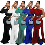 Women's One Shoulder Ruched Mermaid Maxi Evening Dress