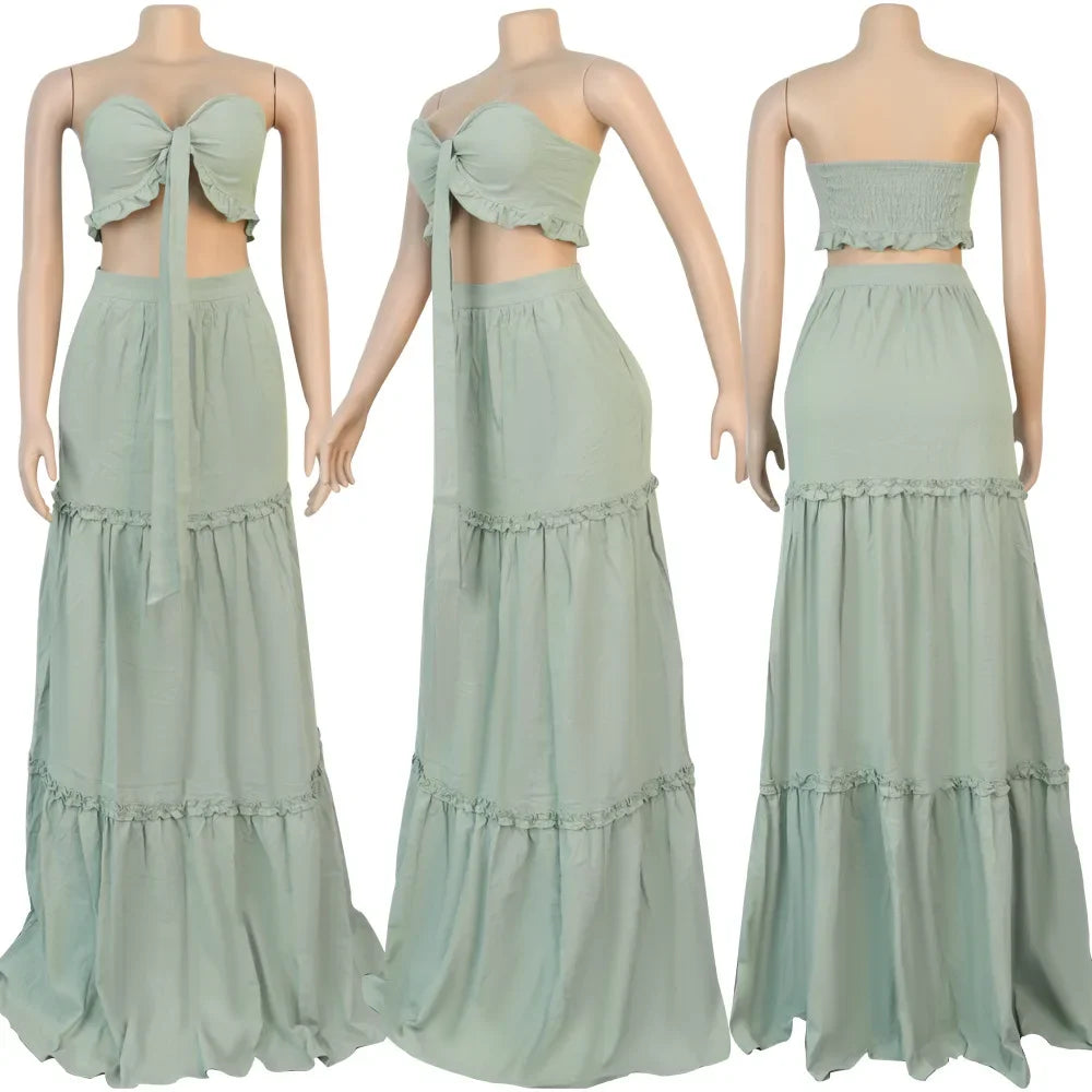 Women Strapless Crop Top and Ruffled Maxi Skirt Two-Piece Bohemian Set