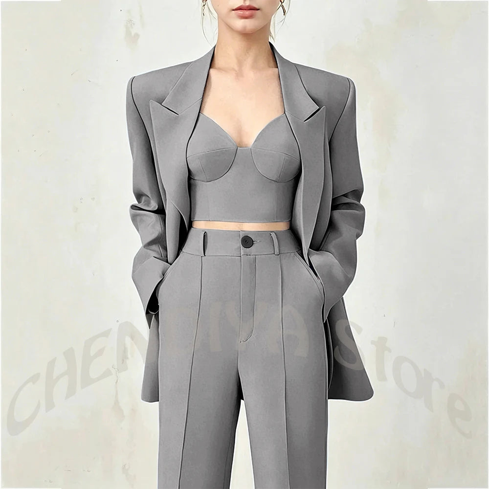 Women's Single Button Tailored Blazer and Pants Suit Set