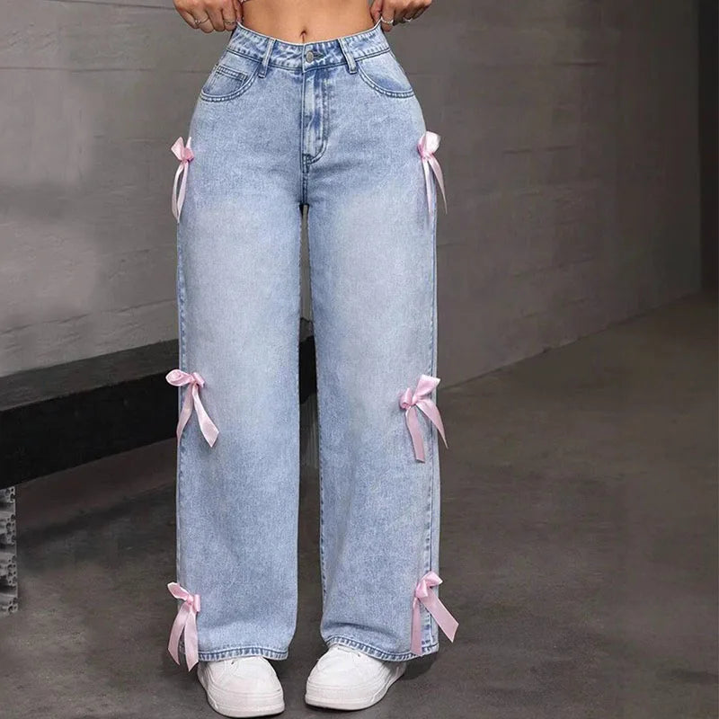 Women's Bowknot Washed Denim Loose Wide Leg Jeans