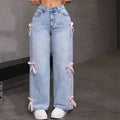 Women's Bowknot Washed Denim Loose Wide Leg Jeans