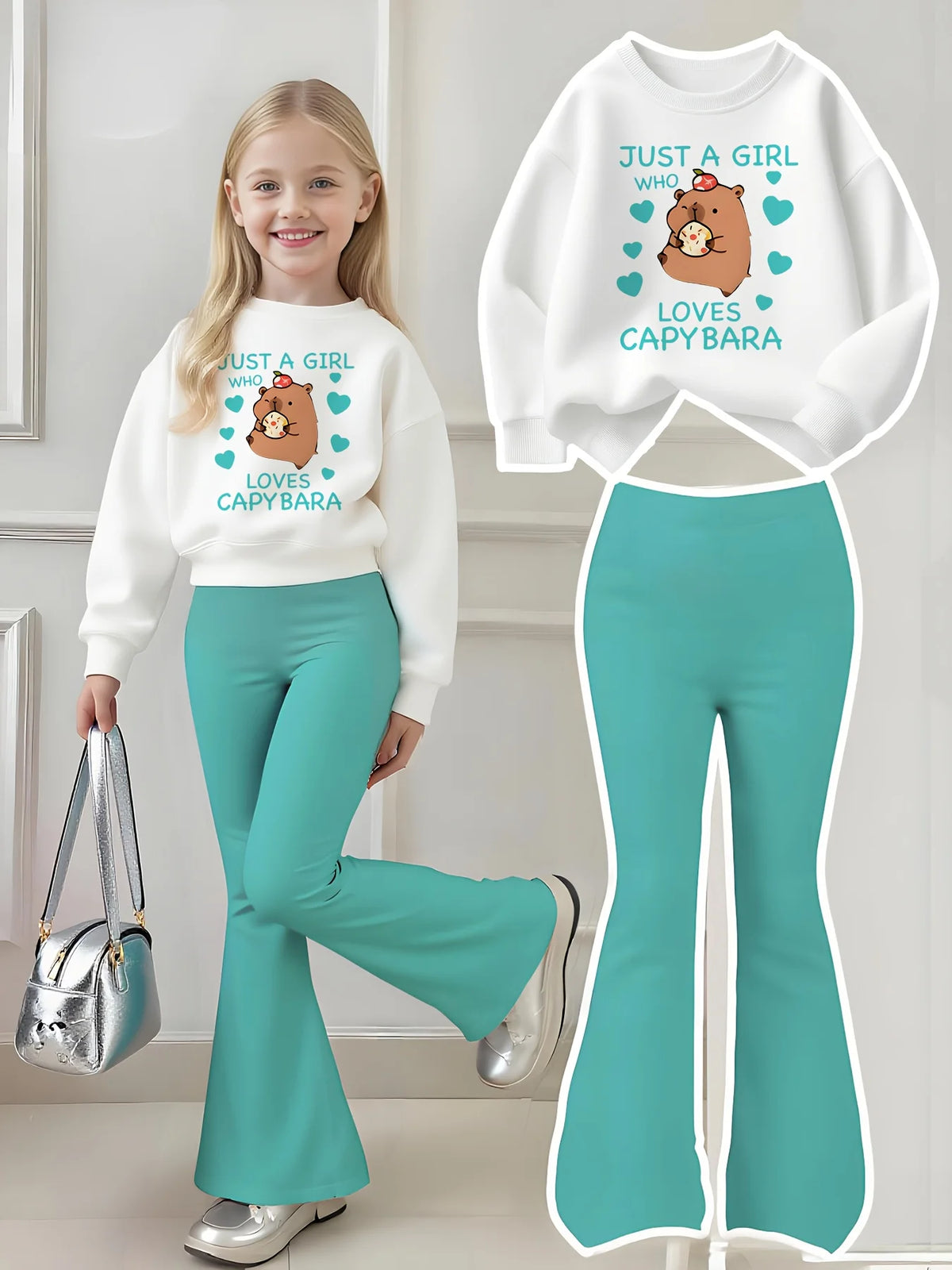 Girls' Capybara Print Sweatshirt Flared Pants Two-Piece Set