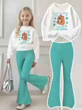 Girls' Capybara Print Sweatshirt Flared Pants Two-Piece Set