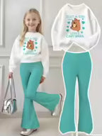Girls' Capybara Print Sweatshirt Flared Pants Two-Piece Set