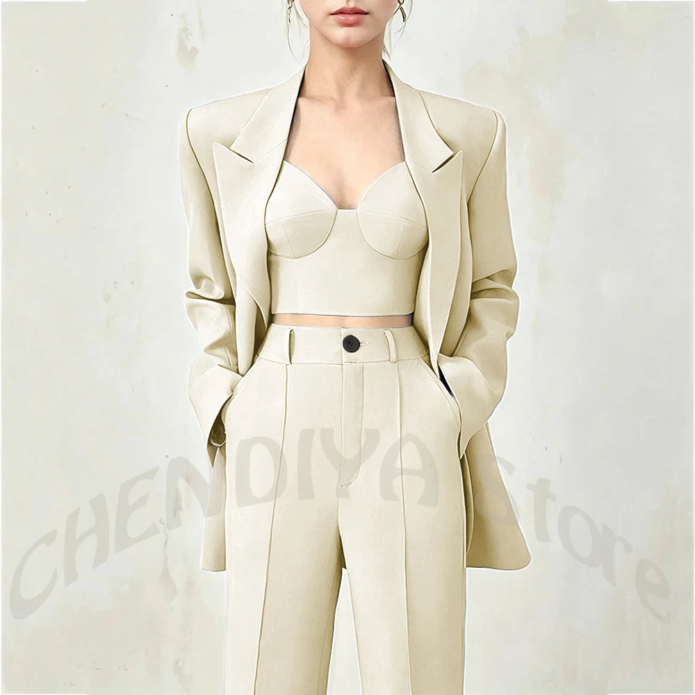 Women's Single Button Tailored Blazer and Pants Suit Set