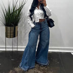 Women's Retro Wide Leg Denim Jeans Splicing Casual Long Pants