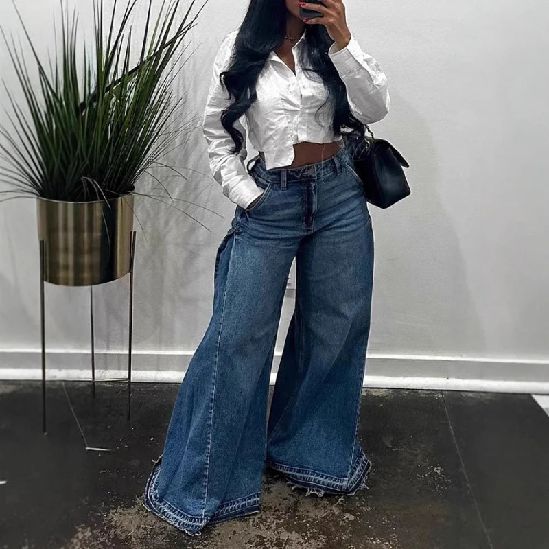 Women's Retro Wide Leg Denim Jeans Splicing Casual Long Pants