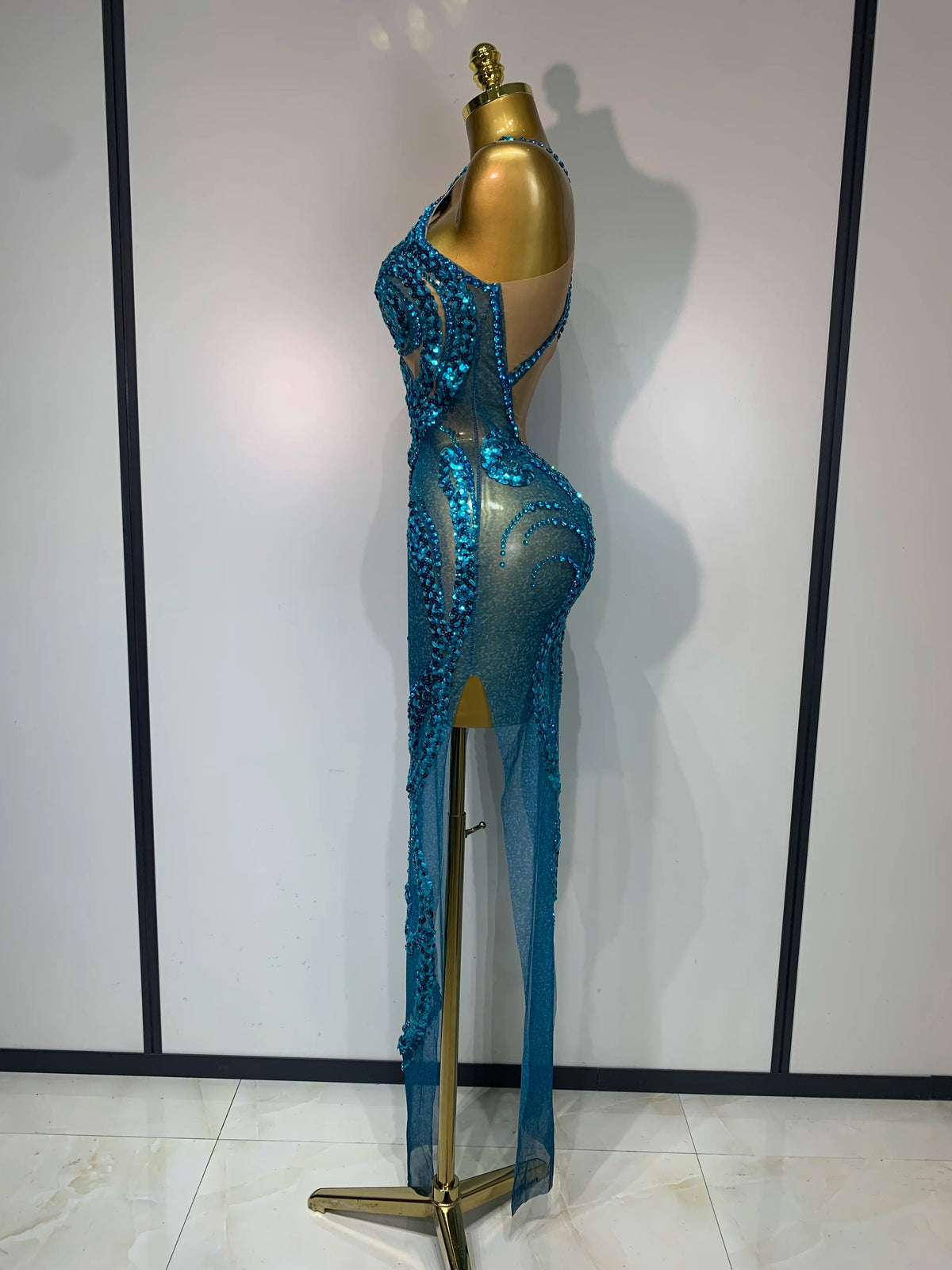Women's Sexy Rhinestone Mesh Transparent Maxi Dress