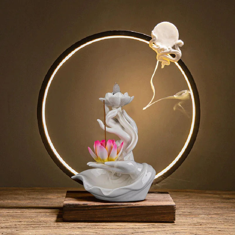 Buddha's Hand Lotus LED Backflow Incense Burner and Tabletop Ornament