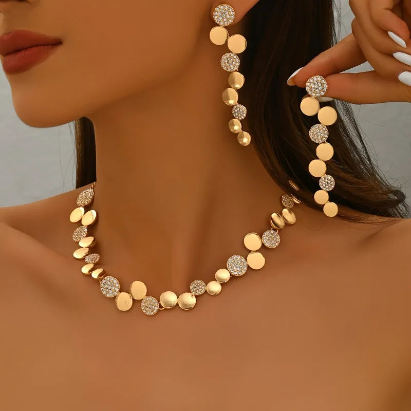 Women's Fashion Rhinestone Disc Choker Necklace and Earrings Set