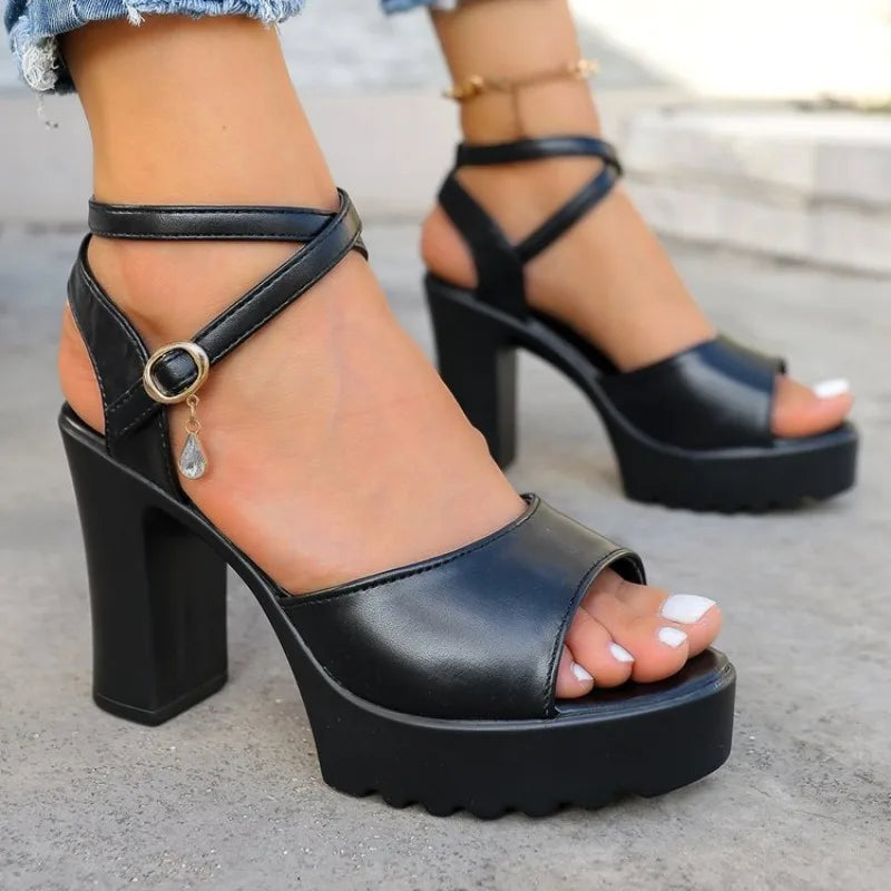 Women's Square Heel Gladiator Pumps Diamond Buckle Platform Sandals