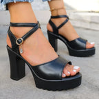 Women's Square Heel Gladiator Pumps Diamond Buckle Platform Sandals