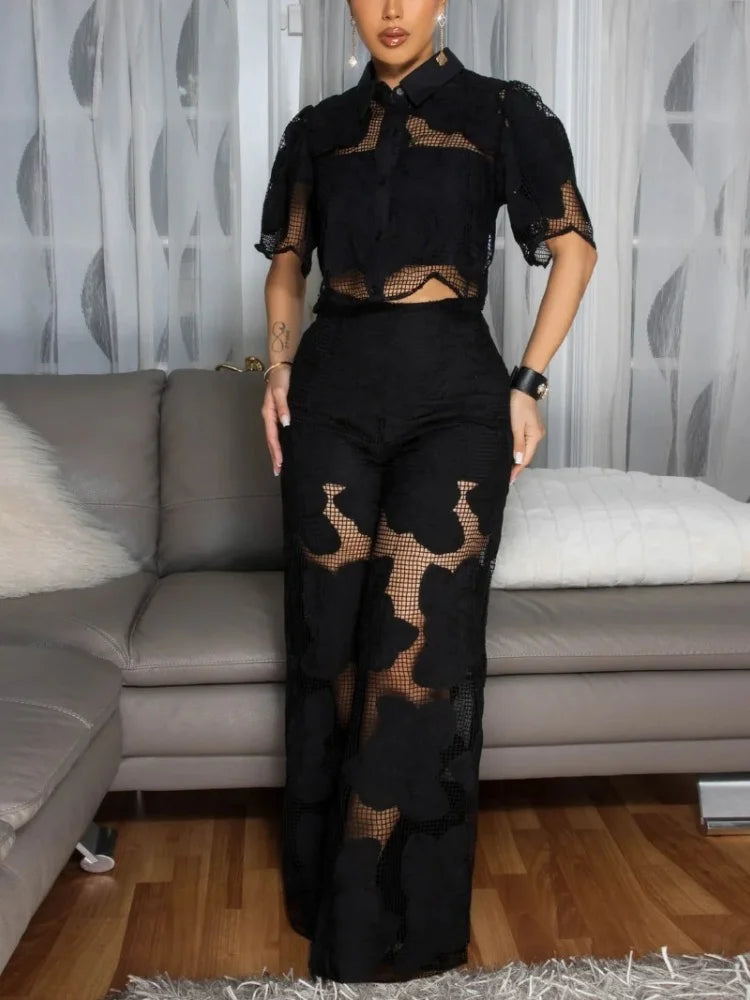 Women's Mesh Lace Cropped Shirt Wide Leg Pants Set