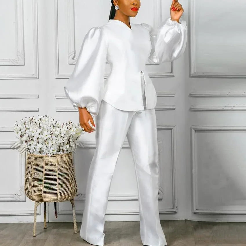 Women's Solid Satin Blouse and Straight Trousers Pants Set