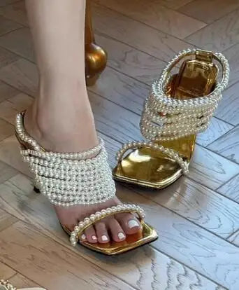 Women's Pearl Beading Square Open Toe High Heel Mules