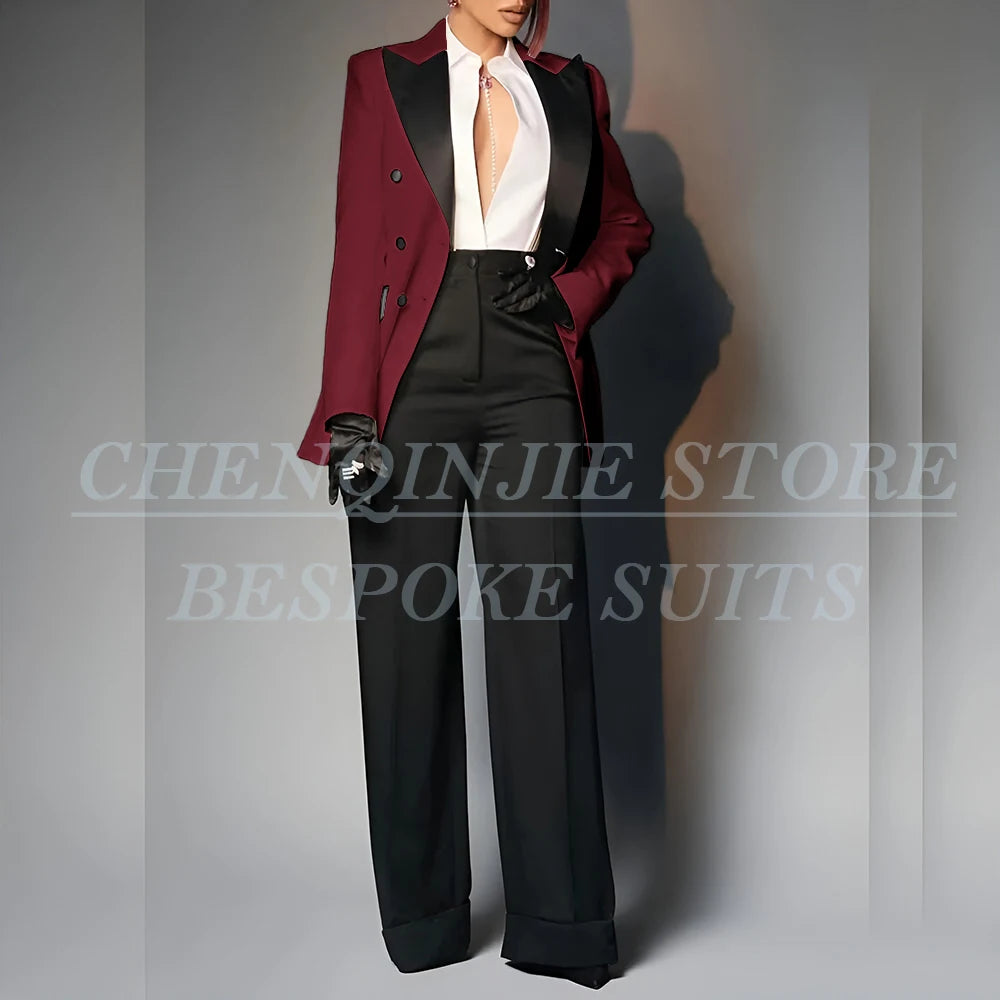 Women's Double Breasted Peak Lapel Slim Fit Pants Suit