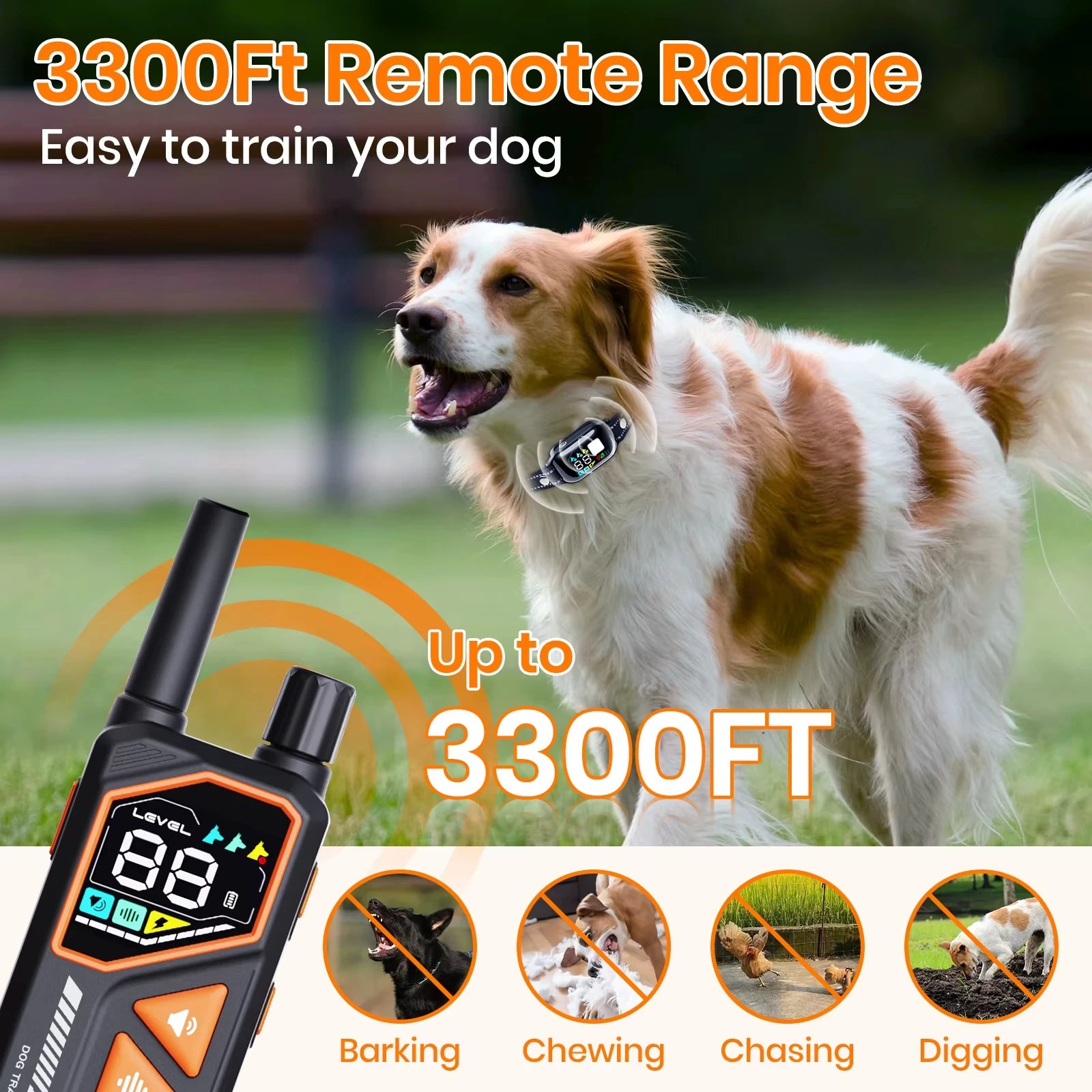 AI Electric Dog Training Collar 3300ft Range IPX7 Waterproof 10-120lbs
