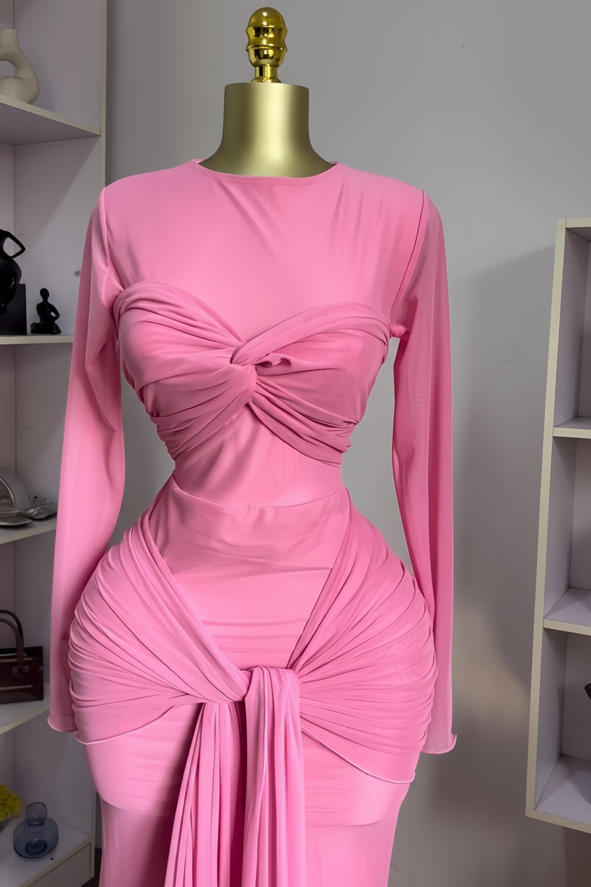Women's Mesh See-Through Long Sleeve Maxi Dress with Bowknot