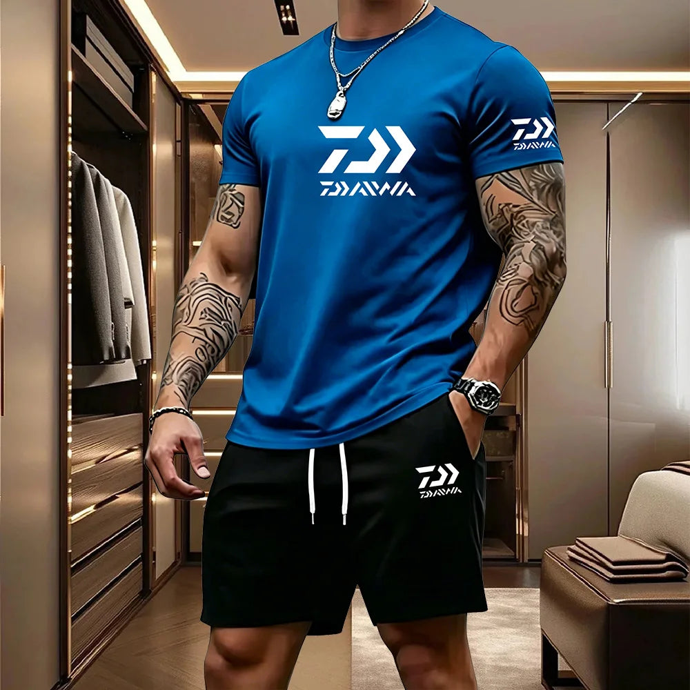 Men's Casual Round Neck T-Shirt and Drawstring Shorts Set