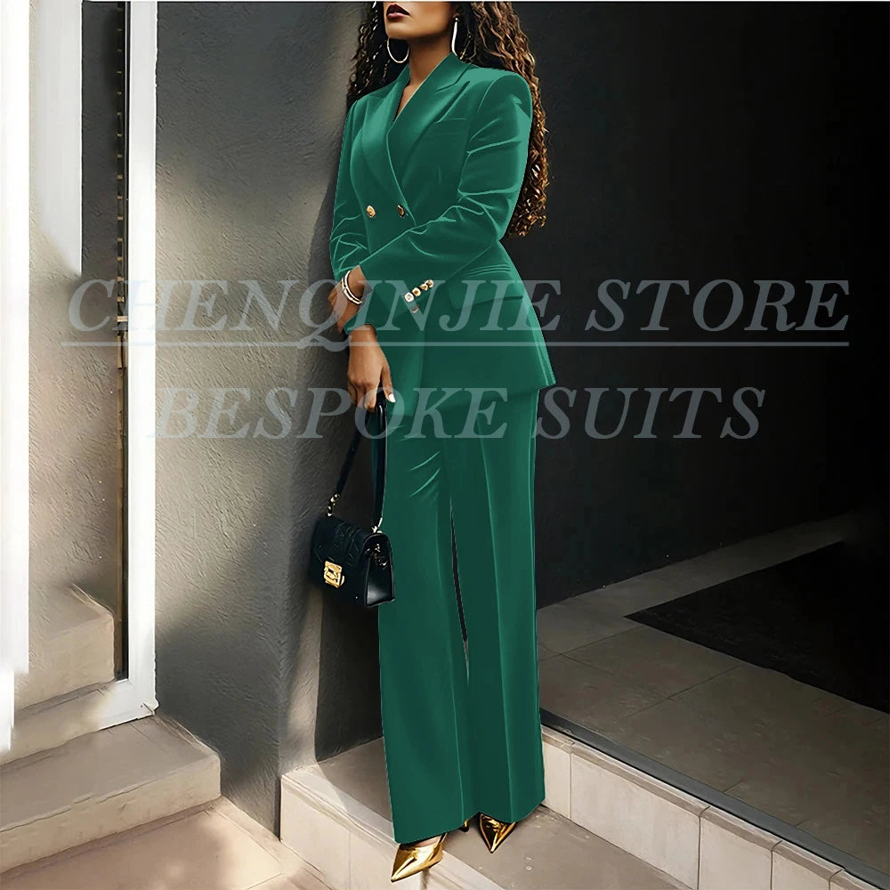 Women's Double Breasted Velvet Blazer Pants Suit
