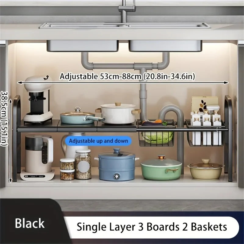 Expandable Under Sink Cabinet Shelf and Multipurpose Storage Organizer Rack