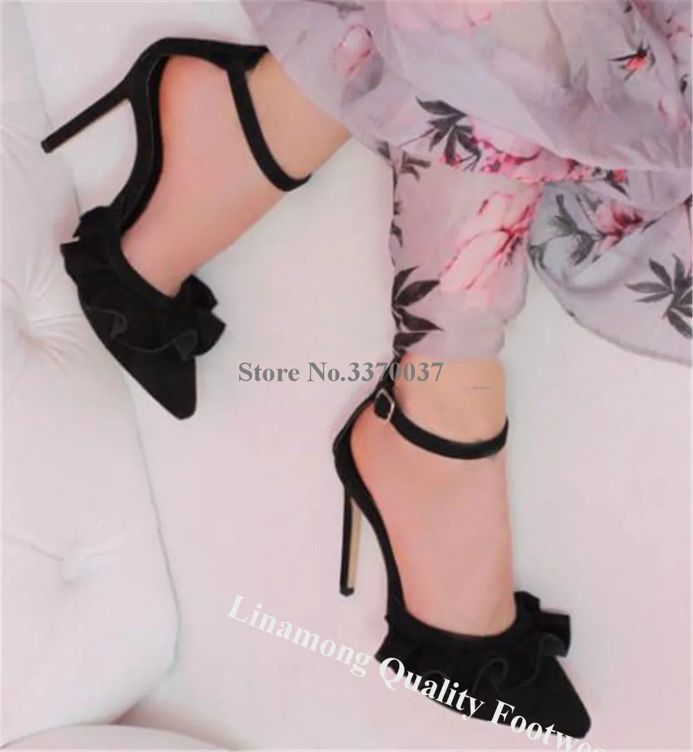 Women's Pointed Toe Suede Ruffle Stiletto Heel Pumps