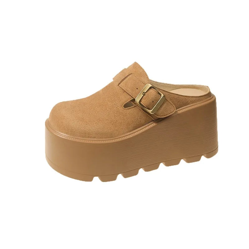 2025 New 9cm Women's Platform Heel Mules Casual Buckle Shoes Closed Toe Backless Slip On Walking Increase Height Wedge Slippers