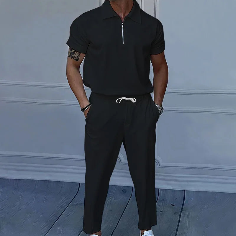 Men's Solid Color Lapel Short Sleeve Zipper Trouser Suit