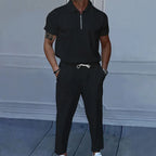 Men's Solid Color Lapel Short Sleeve Zipper Trouser Suit
