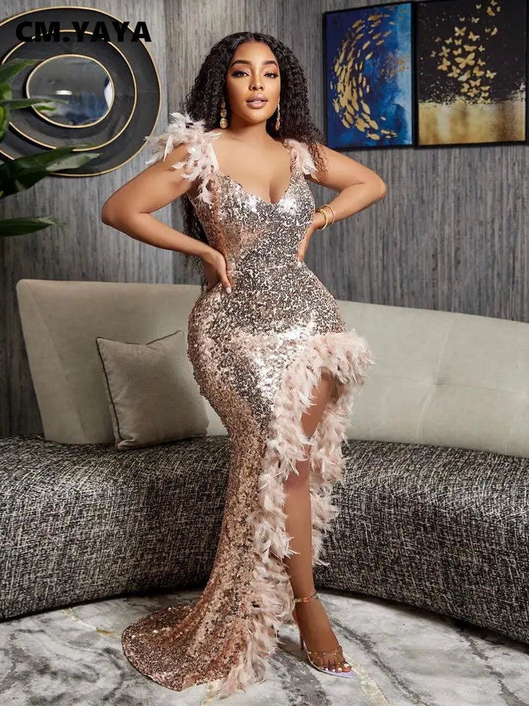 Women's Sexy Sequined Spaghetti Strap Feather Hem Maxi Dress