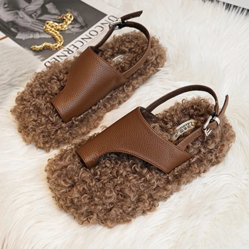 Women's Fluffy Clip Toe Back Strap Slippers with Buckle