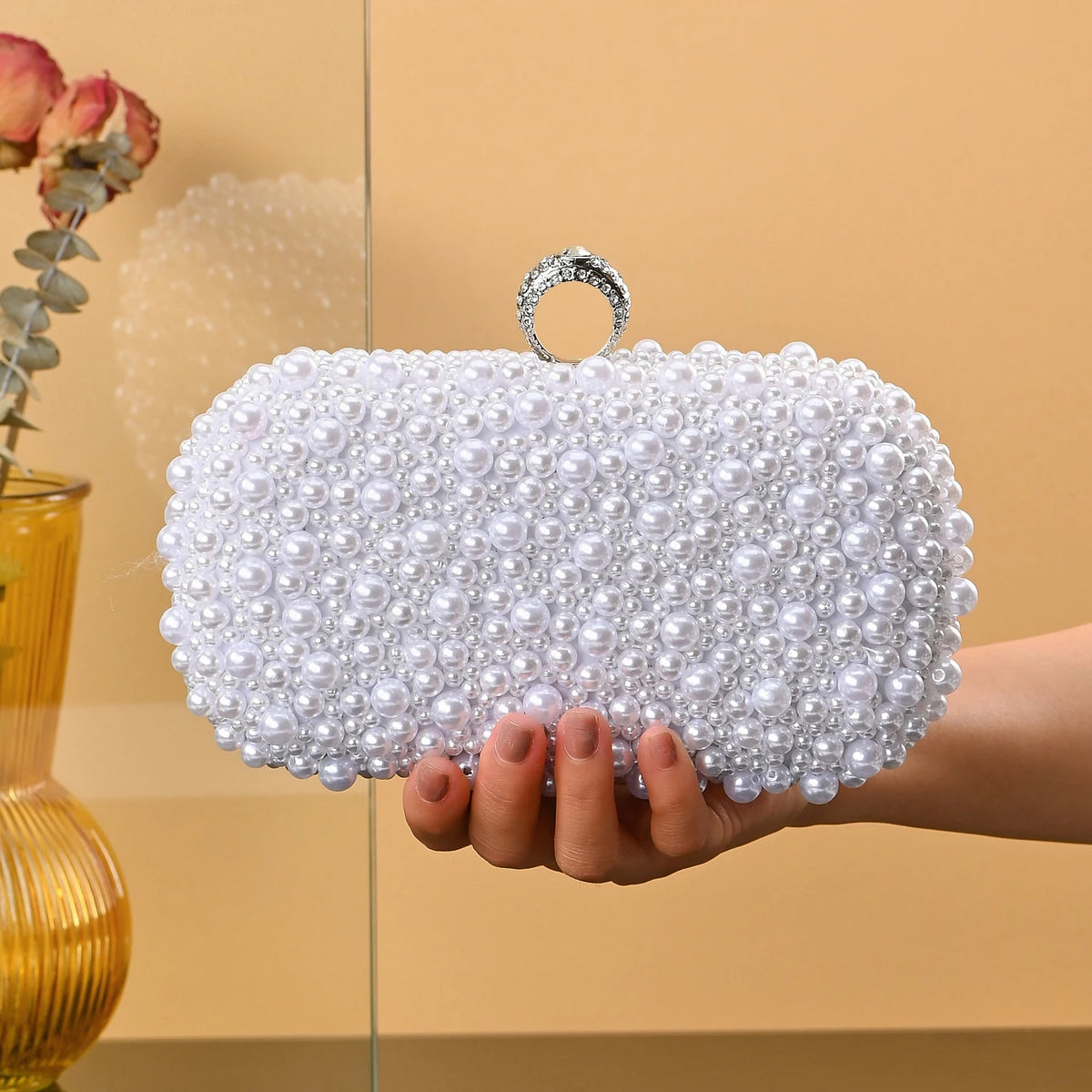 Handmade Beaded Evening Clutch Bag with Artificial Pearls and Chain