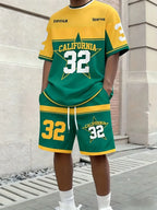 Men's Letter Stripe Print Round Neck T-Shirt and Drawstring Shorts Set