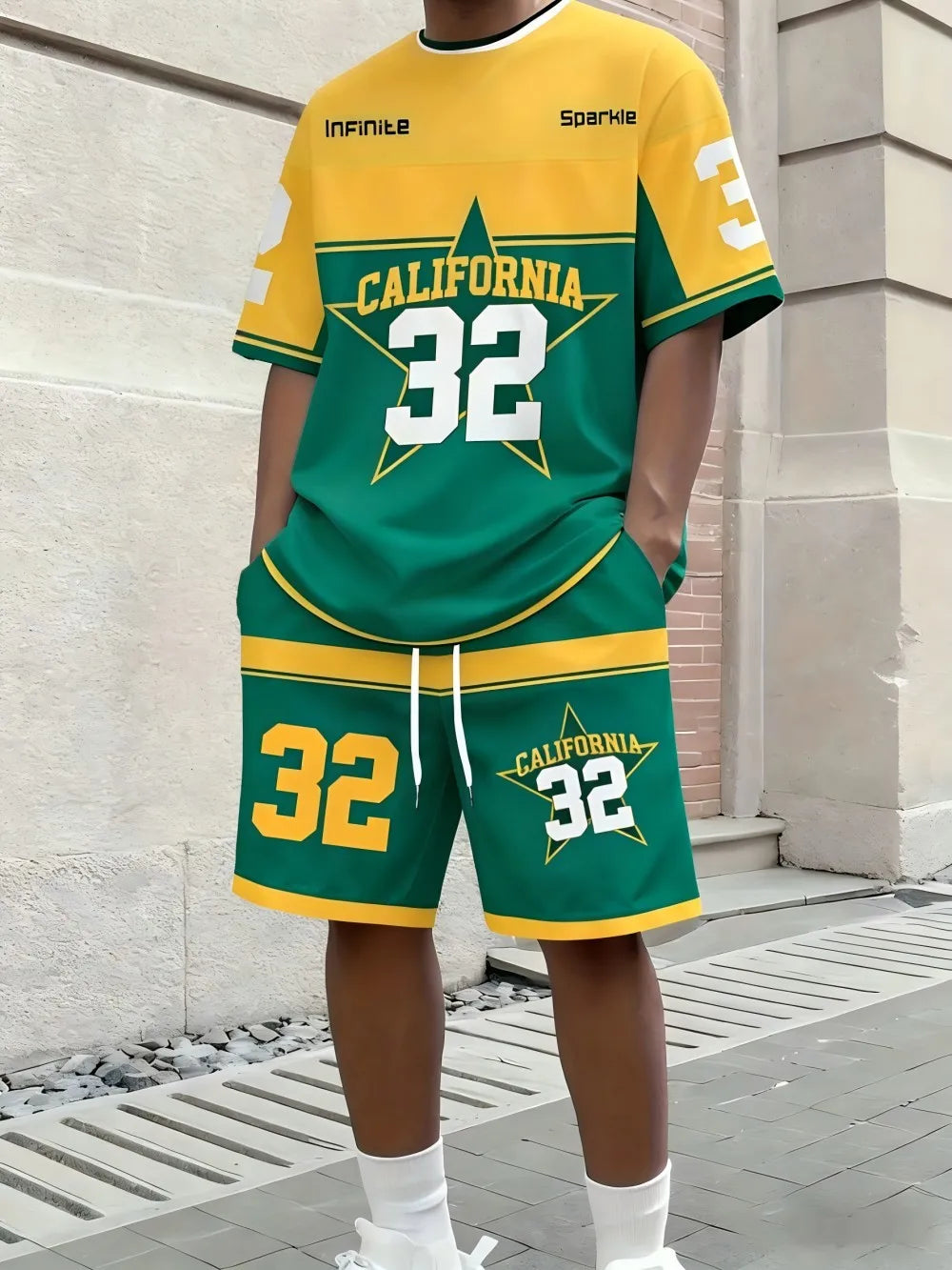 Men's Letter Stripe Print Round Neck T-Shirt and Drawstring Shorts Set