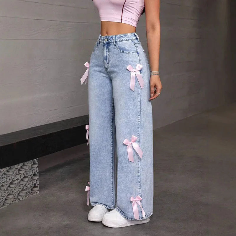 Women's Bowknot Washed Denim Loose Wide Leg Jeans