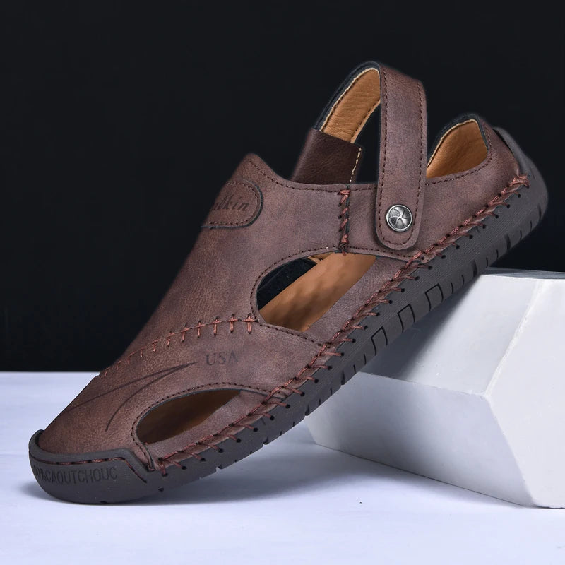 Abfuber Men's Casual Leather Sandals Breathable Hollow Out Shoes