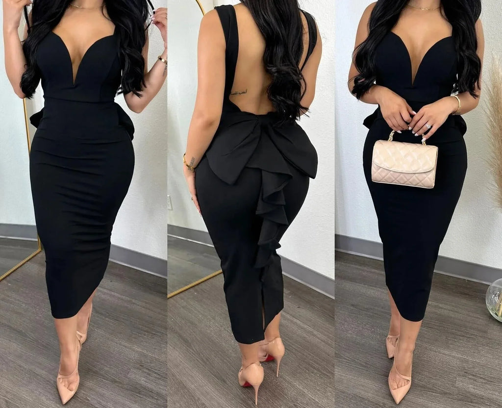 Women's Deep V Open Back Split Bodycon Dress