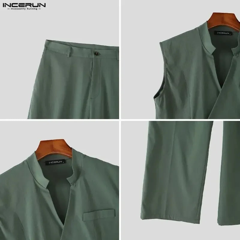 Men's Solid V-Neck Sleeveless Vest Pants Set